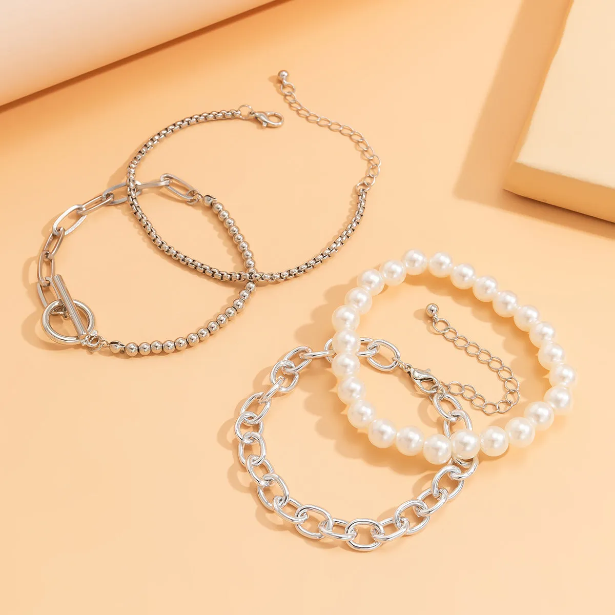 Pearl & Silver-Plated Stretch Bracelet Set