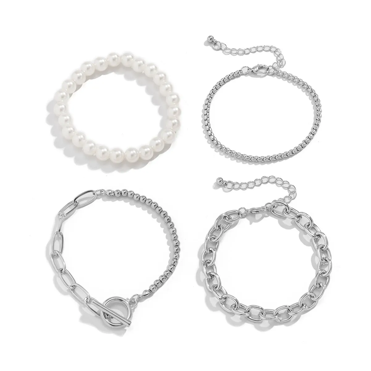 Pearl & Silver-Plated Stretch Bracelet Set