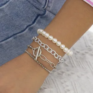 Pearl & Silver-Plated Stretch Bracelet Set