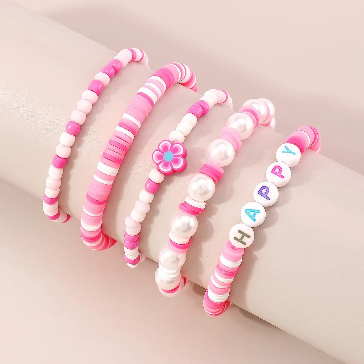 Pink & White Howlite 'Happy' Beaded Stretch Bracelet Set