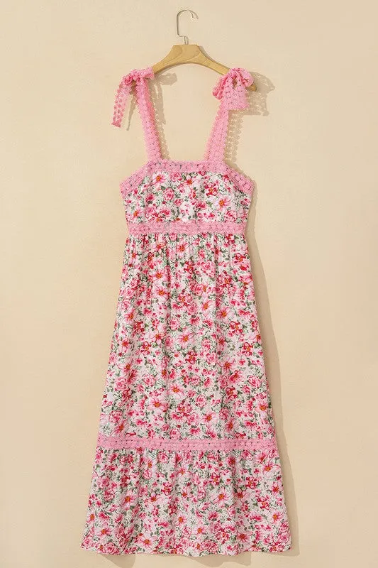 Pink Floral Lace Tied Strap Empire Waist Dress