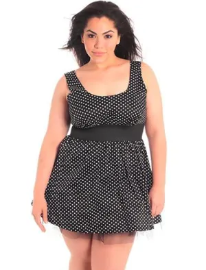 Plus Size Black Polka Dot Layered Lace Mini Dress
