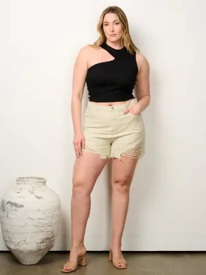 PLUS SIZE BUTTON CLOSURE POCKETS DISTRESSED DENIM SHORTS
