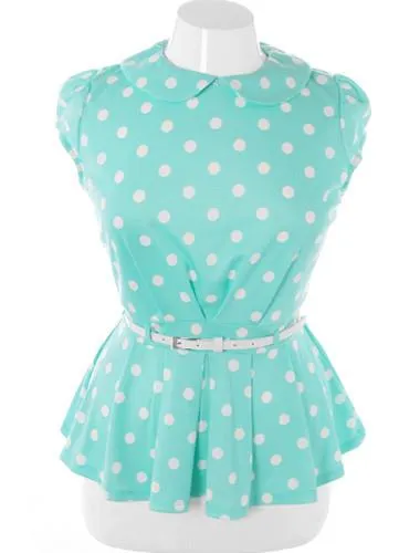 Plus Size Cap Sleeve Polka Dot Belted Mint Top
