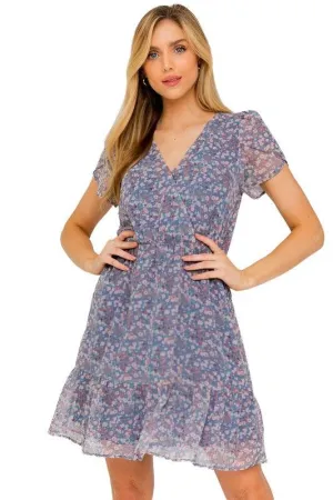 Puff Sleeve Faux Wrap Mini Dress with Ruffle