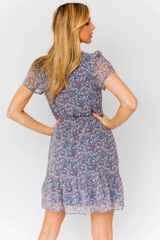 Puff Sleeve Faux Wrap Mini Dress with Ruffle