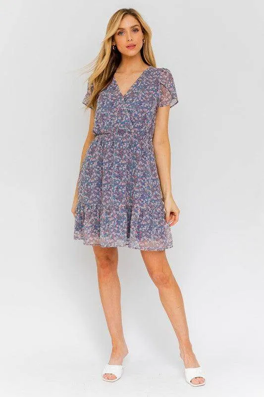 Puff Sleeve Faux Wrap Mini Dress with Ruffle