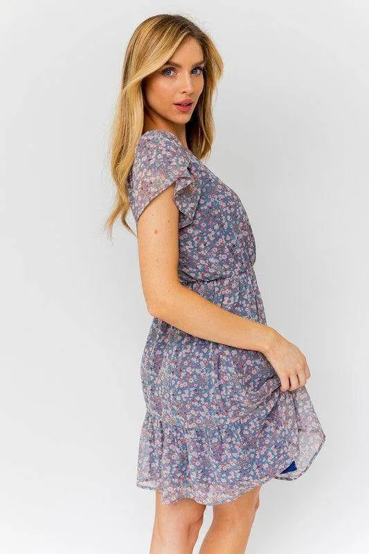 Puff Sleeve Faux Wrap Mini Dress with Ruffle