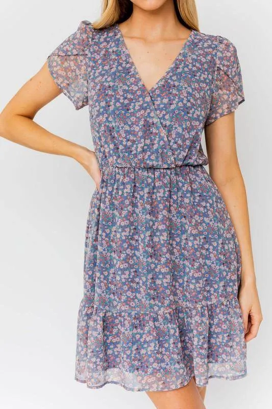 Puff Sleeve Faux Wrap Mini Dress with Ruffle