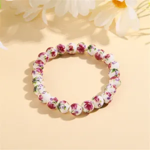 Purple & Ceramic Peony Beaded Stretch Bracelet