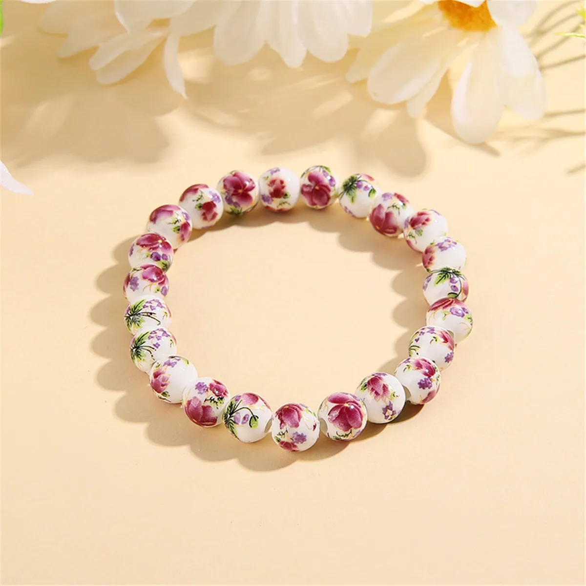 Purple & Ceramic Peony Beaded Stretch Bracelet
