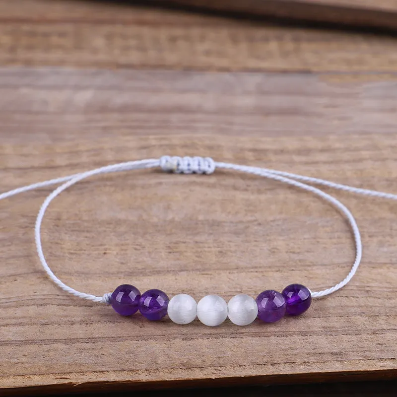 Purple & White Quartz Beaded Adjustable Bracelet