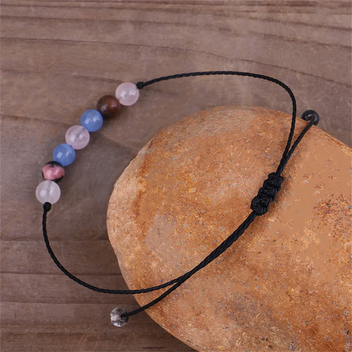 Quartz & Black Beaded Adjustable Bracelet