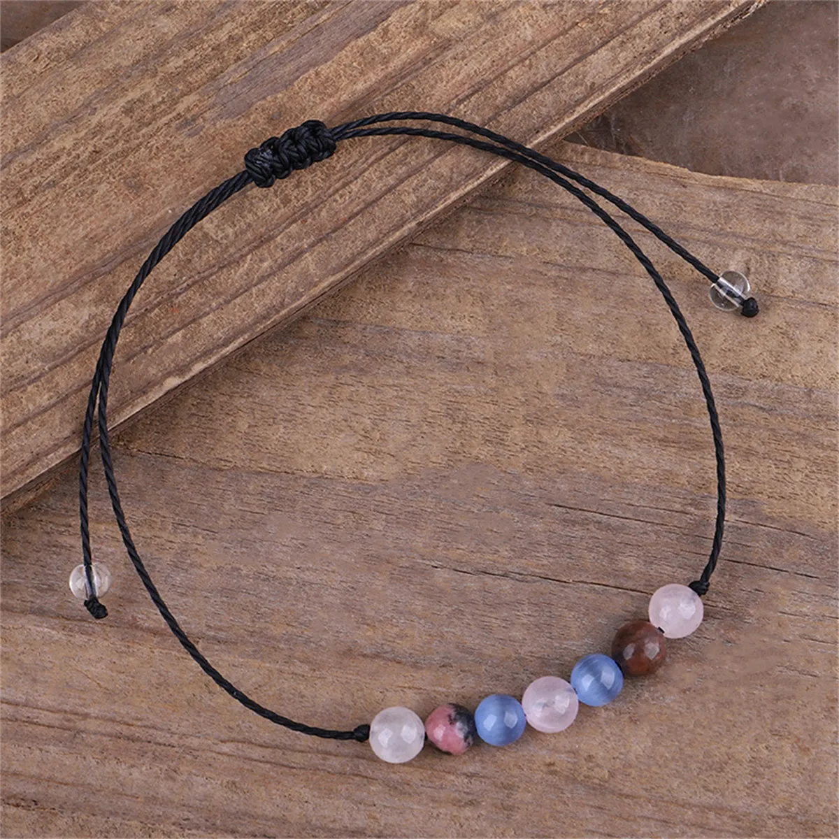 Quartz & Black Beaded Adjustable Bracelet