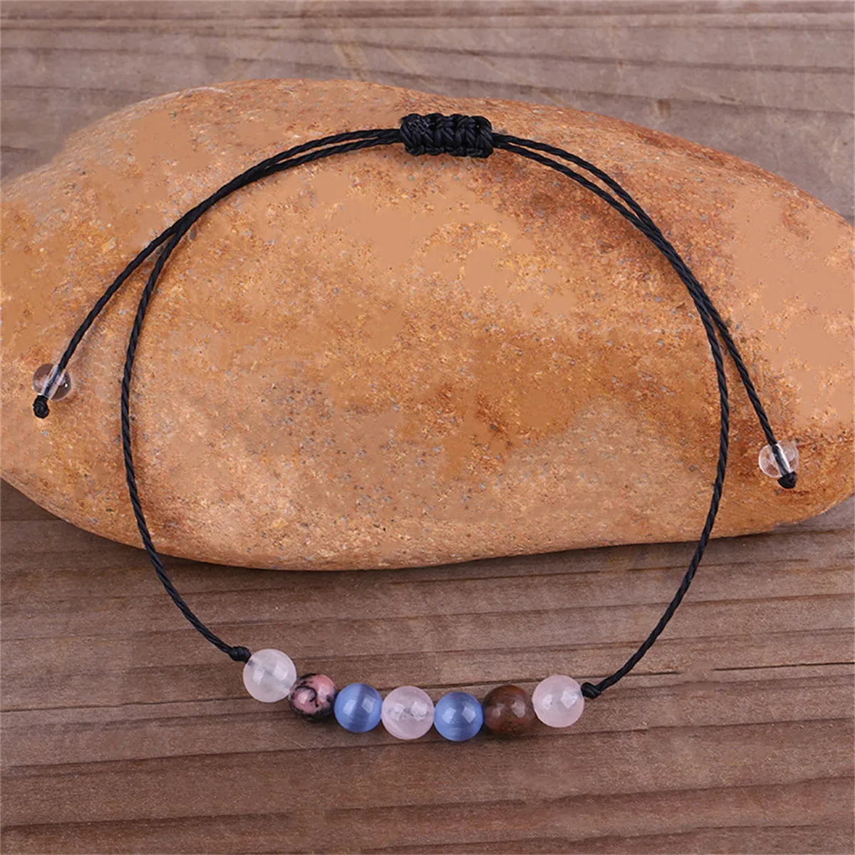 Quartz & Black Beaded Adjustable Bracelet