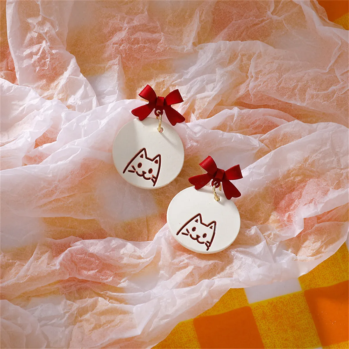 Red & White Enamel Bow Cat Round Drop Earrings