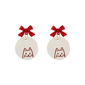 Red & White Enamel Bow Cat Round Drop Earrings