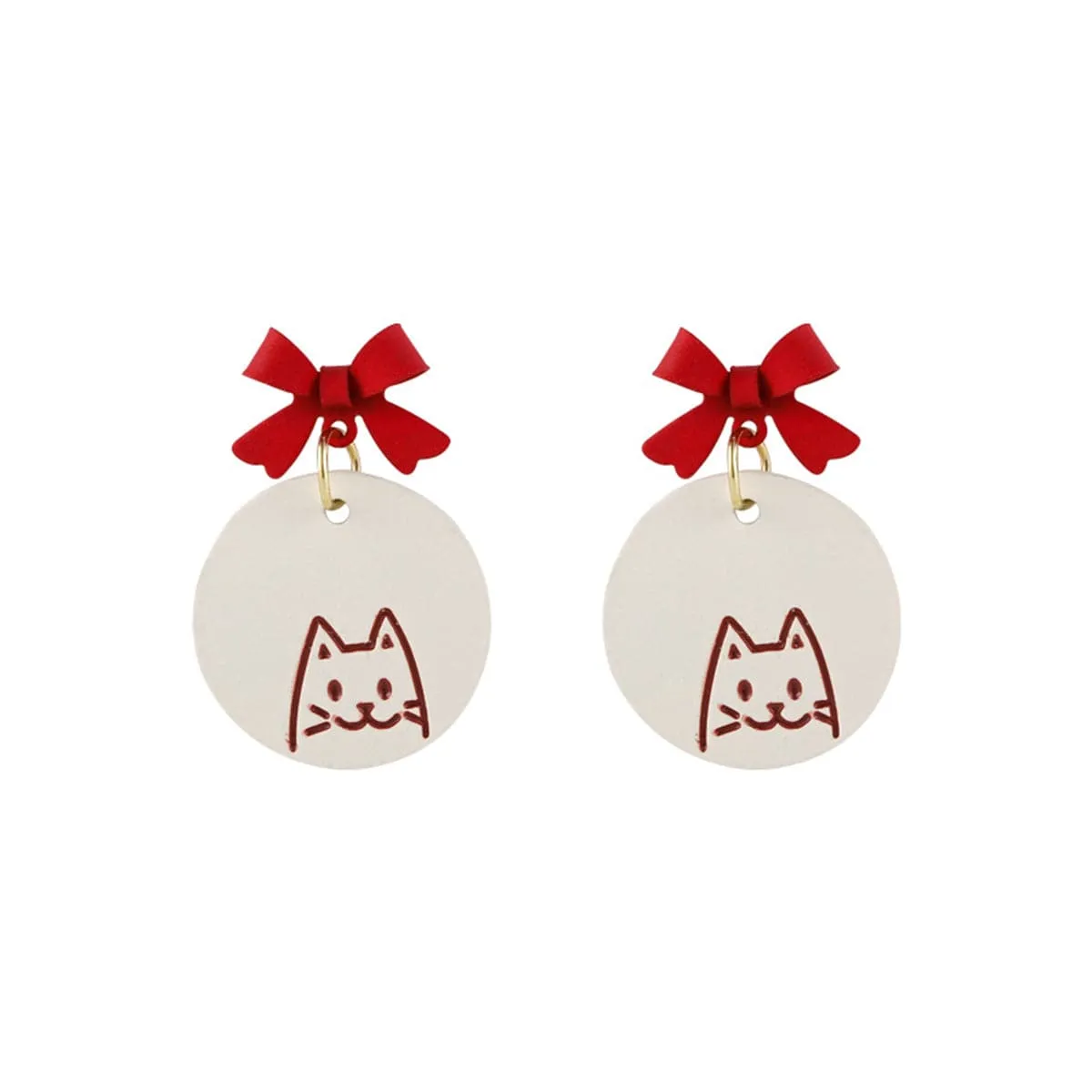 Red & White Enamel Bow Cat Round Drop Earrings