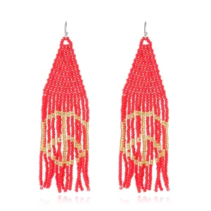 Red & White Howlite Peace Sign Tassel Drop Earrings