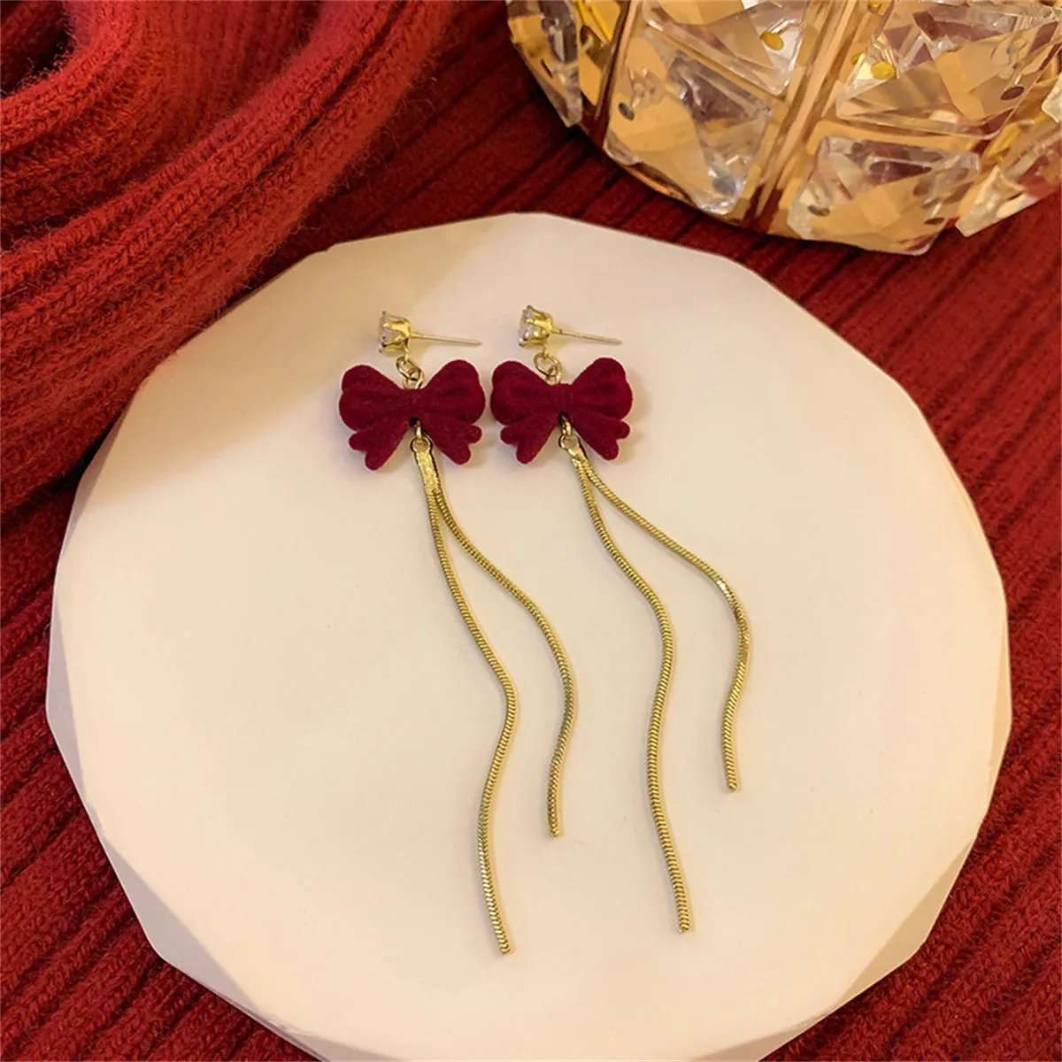 Red Nylon & Cubic Zirconia 18K Gold-Plated Bow Chain Drop Earrings