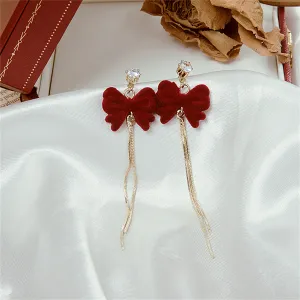 Red Nylon & Cubic Zirconia 18K Gold-Plated Bow Chain Drop Earrings