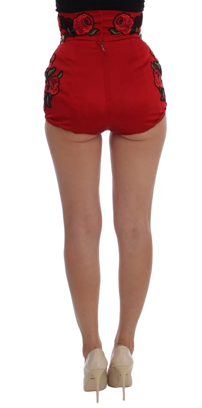 Red Silk Roses Crystal Mini Shorts