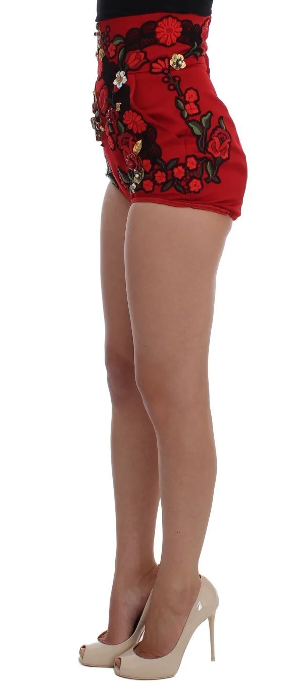 Red Silk Roses Crystal Mini Shorts