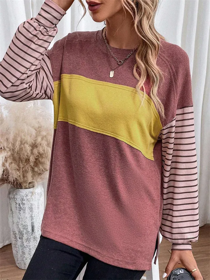 Round Neck Long Sleeve Contrast Color Stripe Shirts for Women