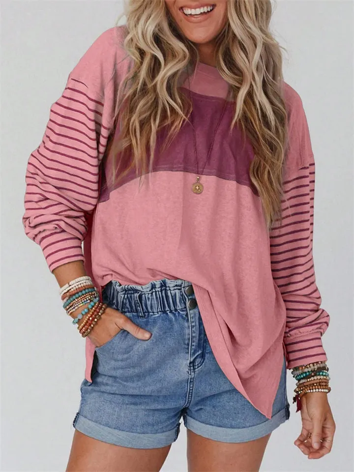 Round Neck Long Sleeve Contrast Color Stripe Shirts for Women