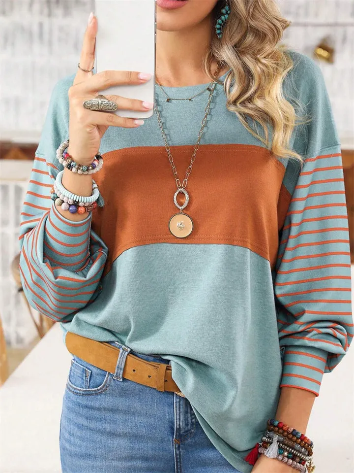 Round Neck Long Sleeve Contrast Color Stripe Shirts for Women