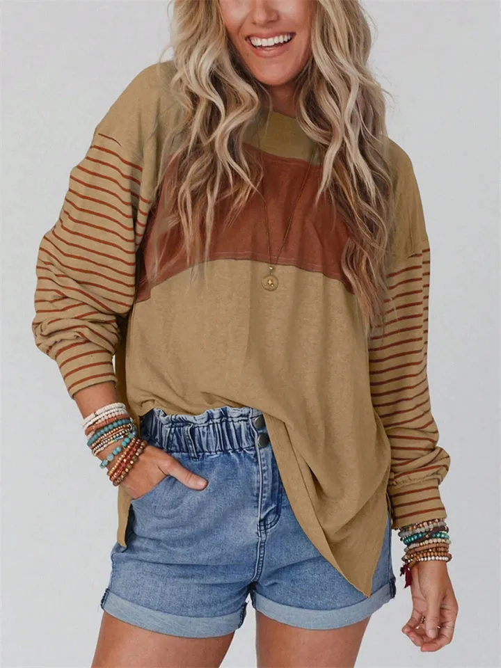Round Neck Long Sleeve Contrast Color Stripe Shirts for Women