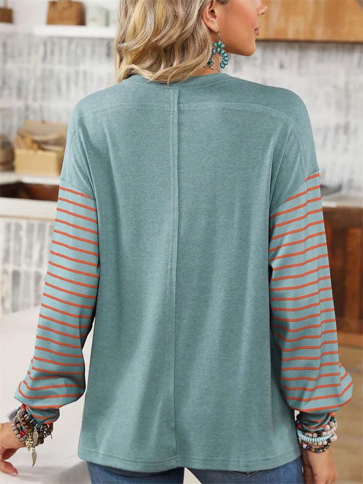 Round Neck Long Sleeve Contrast Color Stripe Shirts for Women