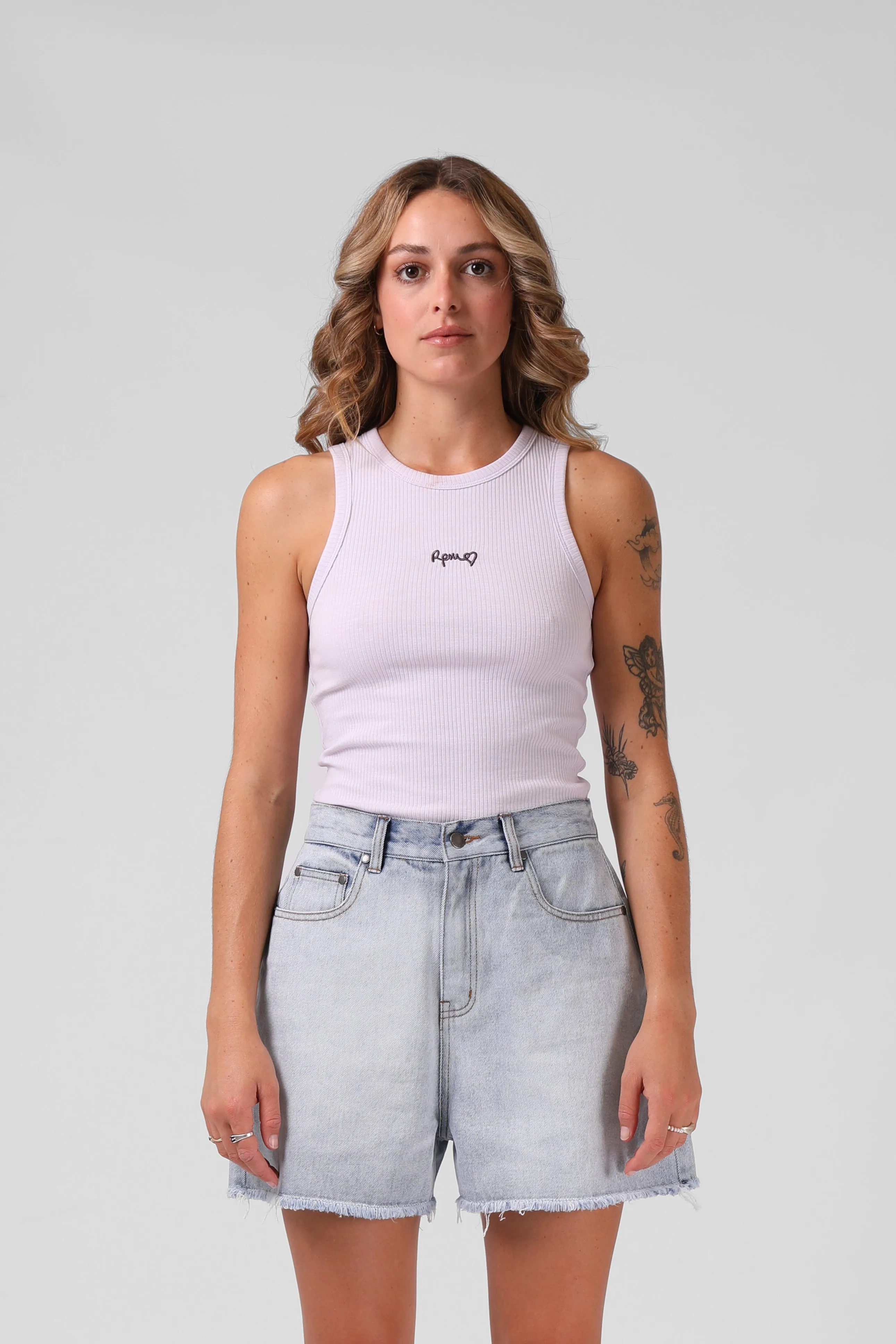 RPM Heart Ribbed Singlet -  Faded Lilac
