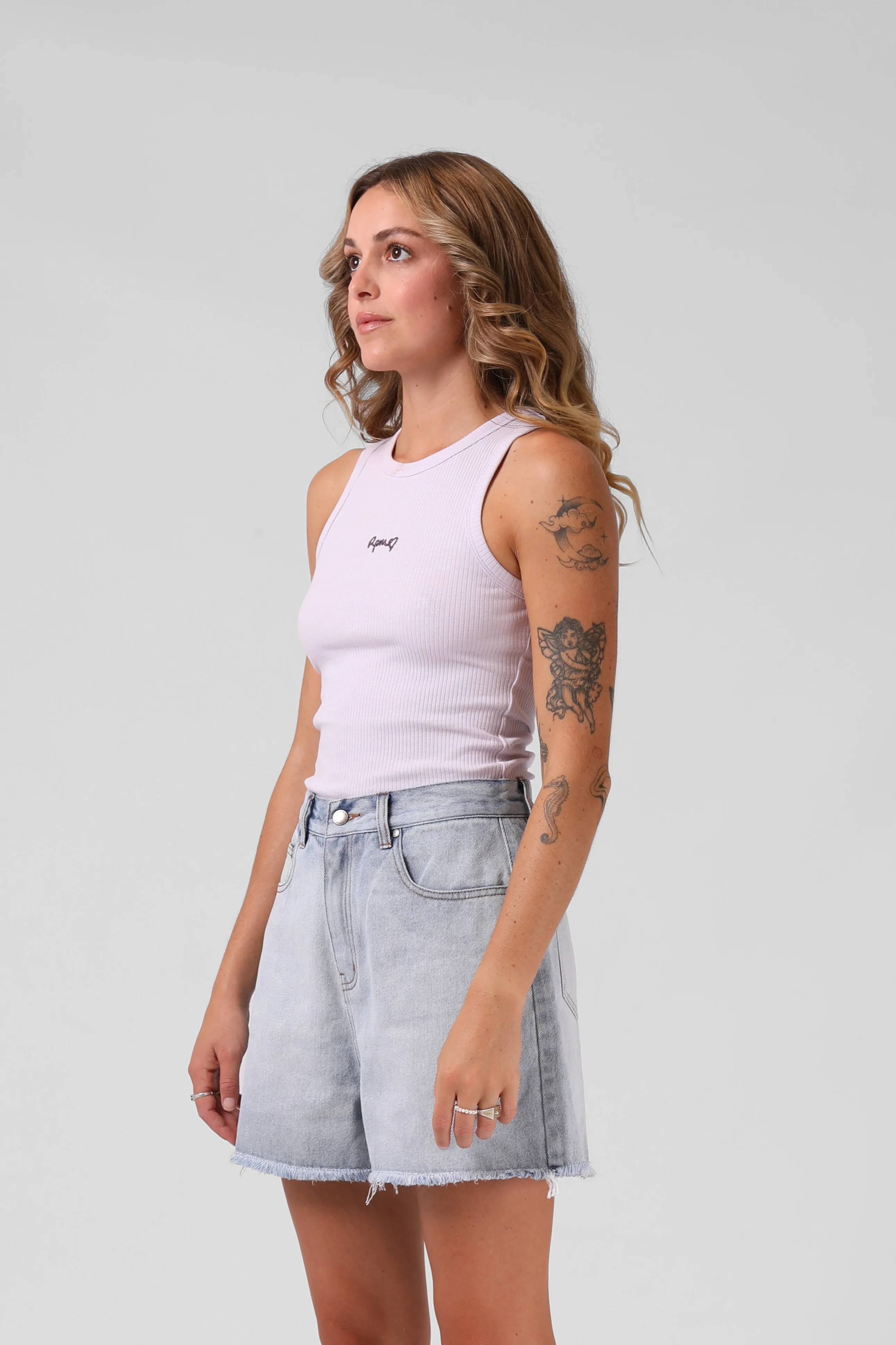 RPM Heart Ribbed Singlet -  Faded Lilac