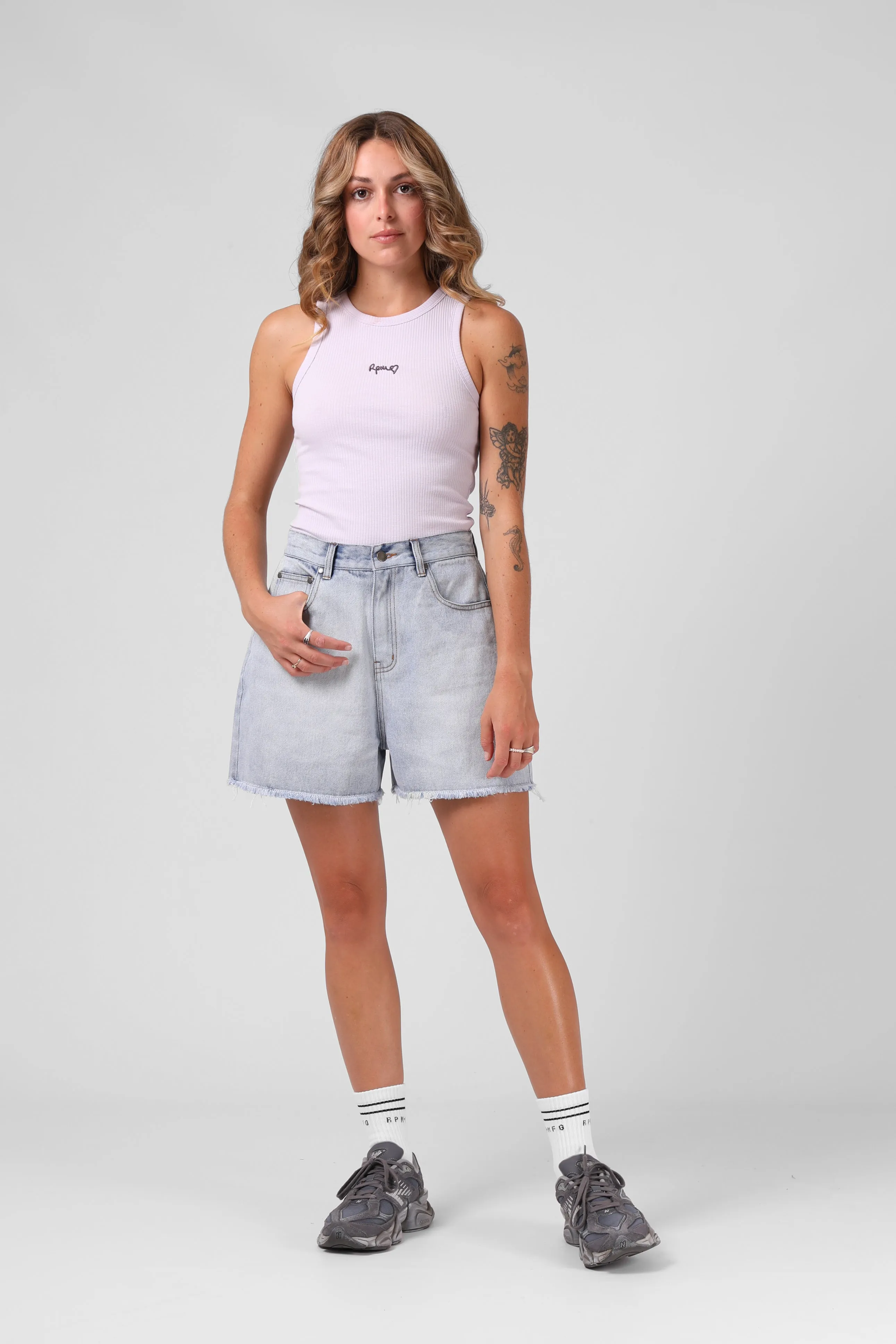 RPM Heart Ribbed Singlet -  Faded Lilac