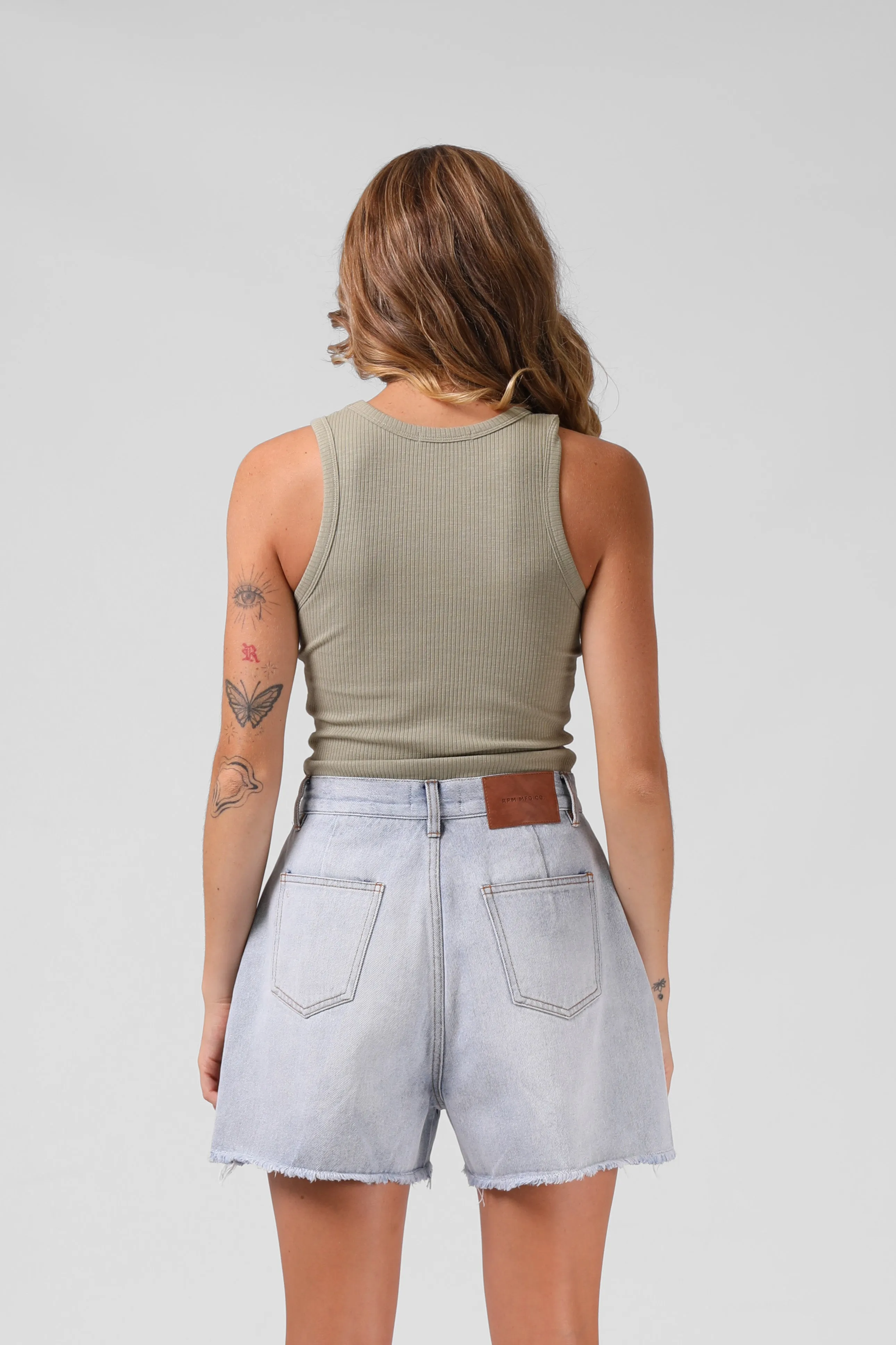 RPM Heart Ribbed Singlet -  Light Olive