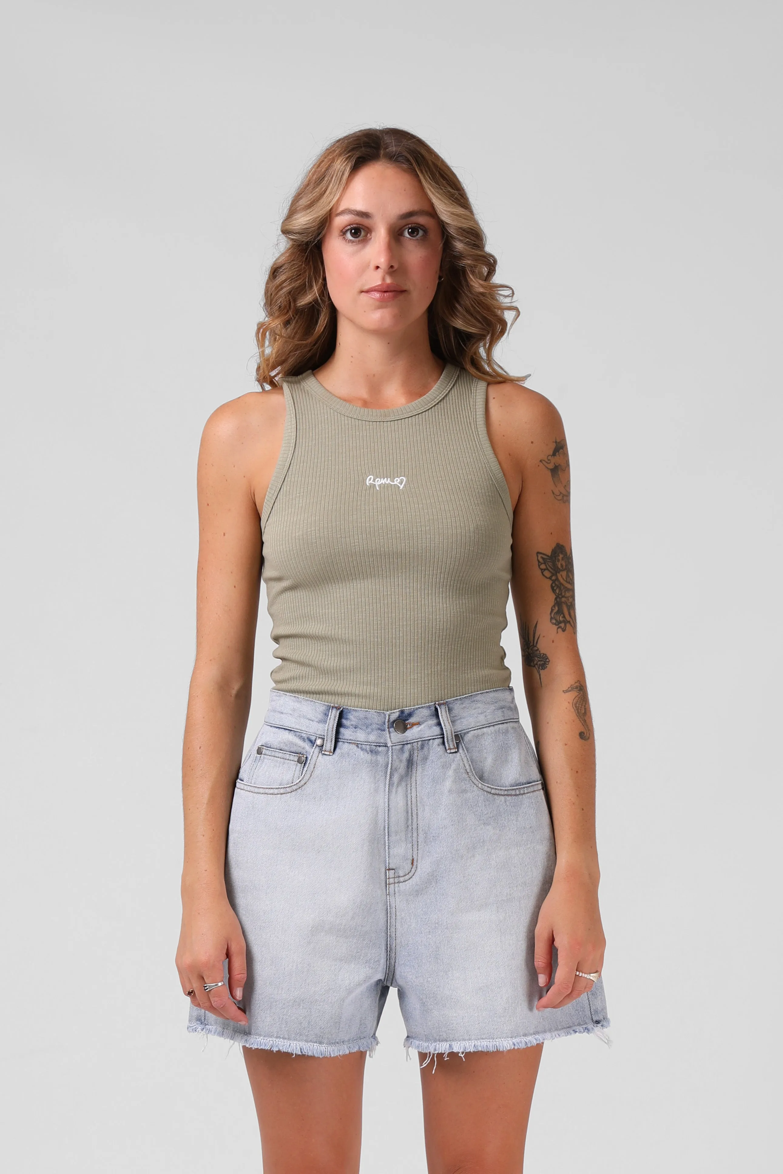RPM Heart Ribbed Singlet -  Light Olive