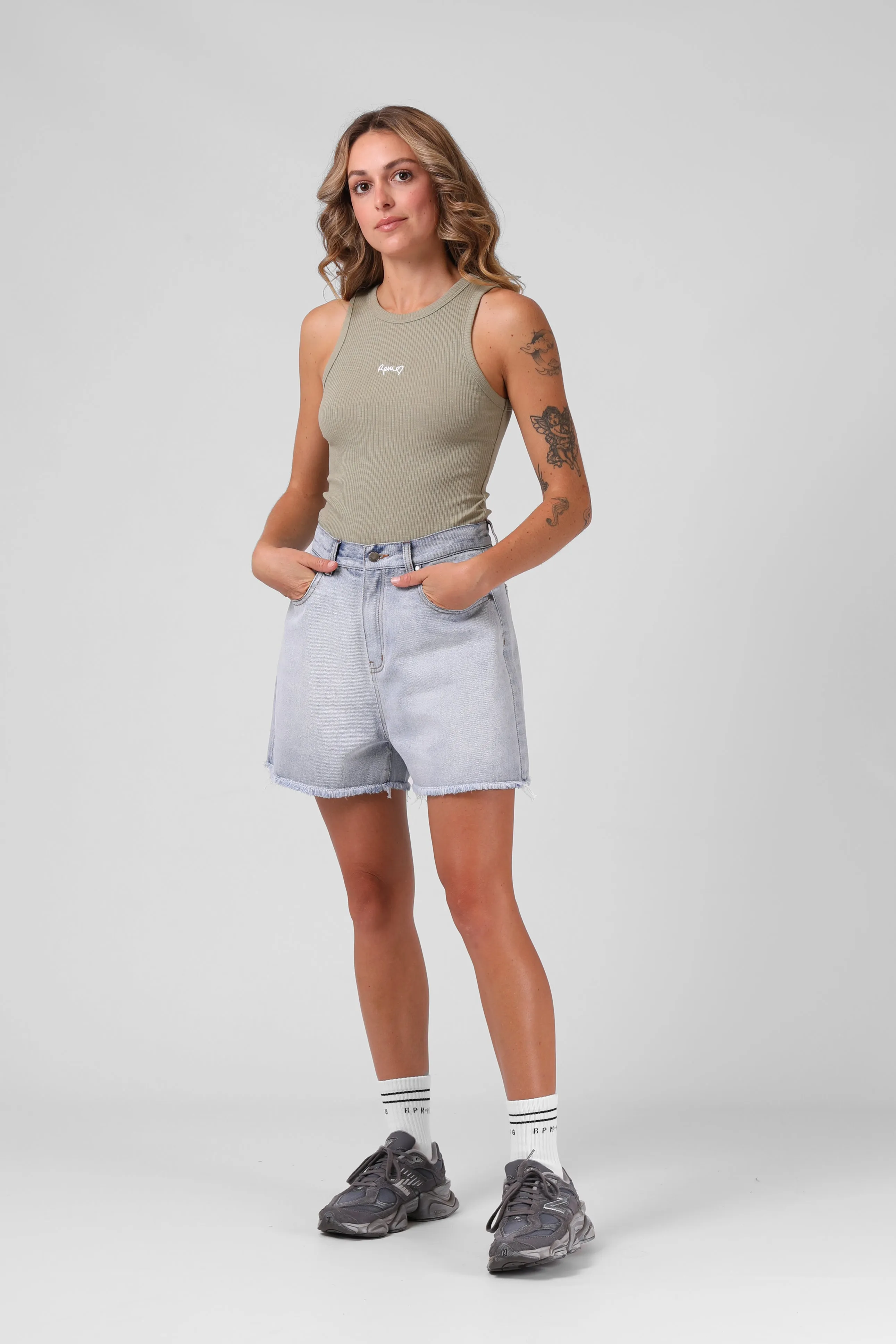 RPM Heart Ribbed Singlet -  Light Olive