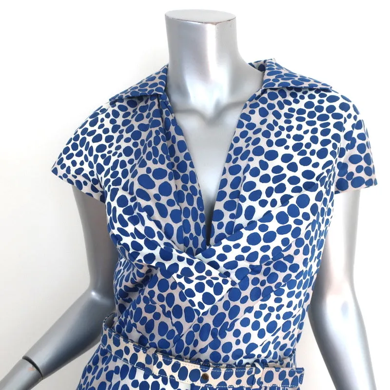 Samantha Sung Laudine Dress Blue Dot Print Stretch Cotton Size 8 Belted Sheath