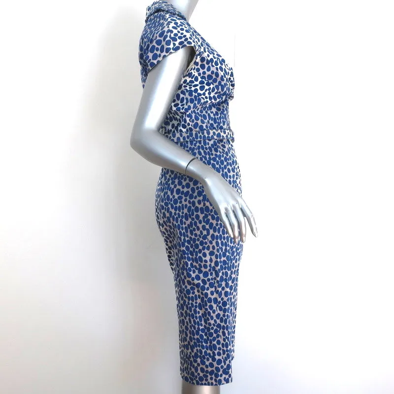 Samantha Sung Laudine Dress Blue Dot Print Stretch Cotton Size 8 Belted Sheath