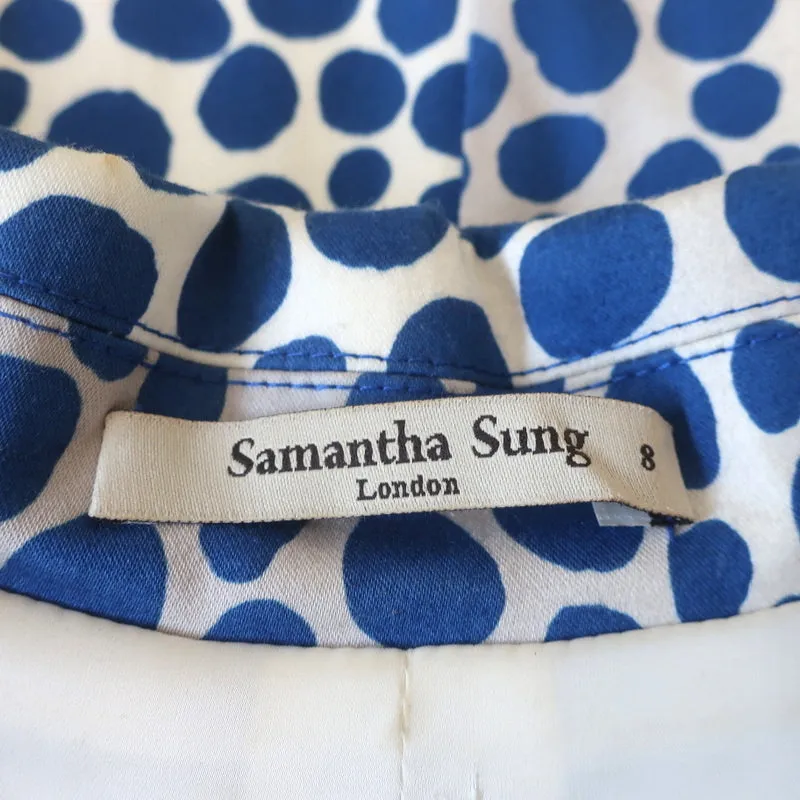 Samantha Sung Laudine Dress Blue Dot Print Stretch Cotton Size 8 Belted Sheath