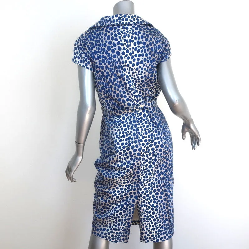 Samantha Sung Laudine Dress Blue Dot Print Stretch Cotton Size 8 Belted Sheath