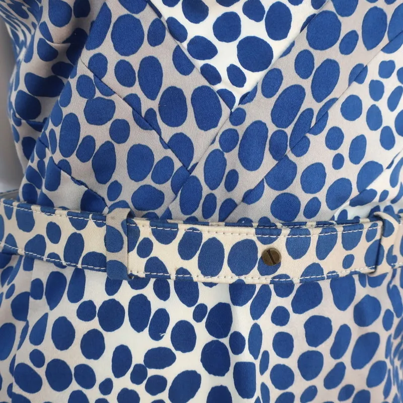 Samantha Sung Laudine Dress Blue Dot Print Stretch Cotton Size 8 Belted Sheath