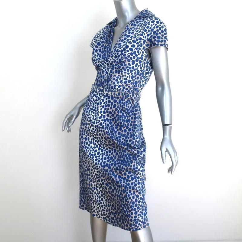 Samantha Sung Laudine Dress Blue Dot Print Stretch Cotton Size 8 Belted Sheath