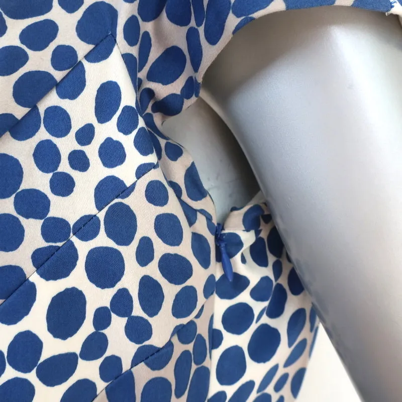 Samantha Sung Laudine Dress Blue Dot Print Stretch Cotton Size 8 Belted Sheath