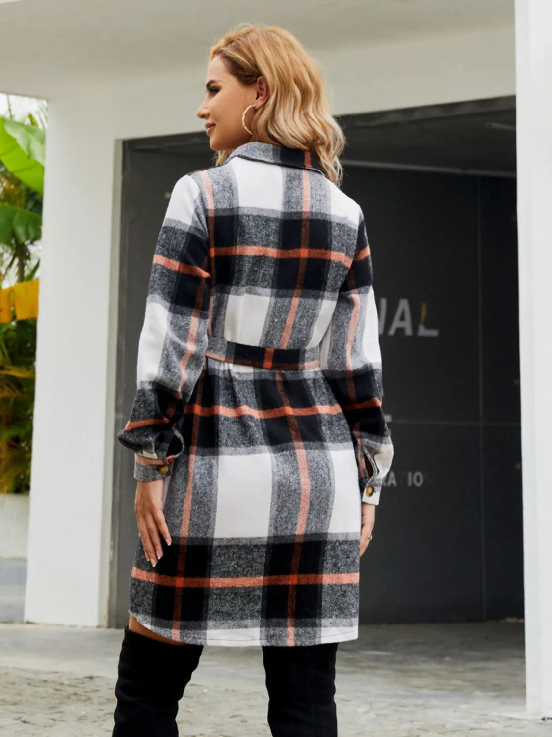 Sammy Plaid Belted Collared Neck Button Up Jacket
