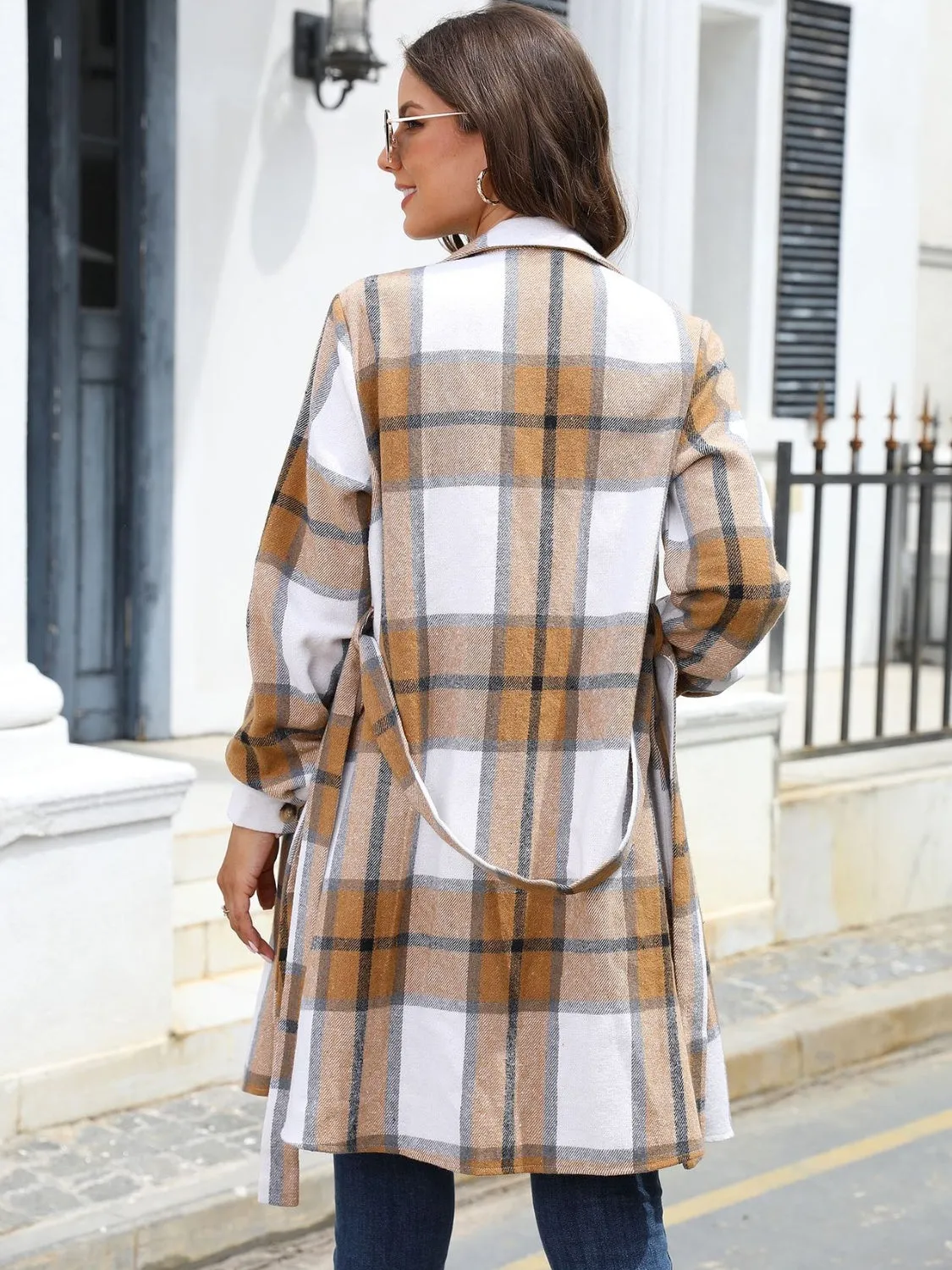 Sammy Plaid Belted Collared Neck Button Up Jacket