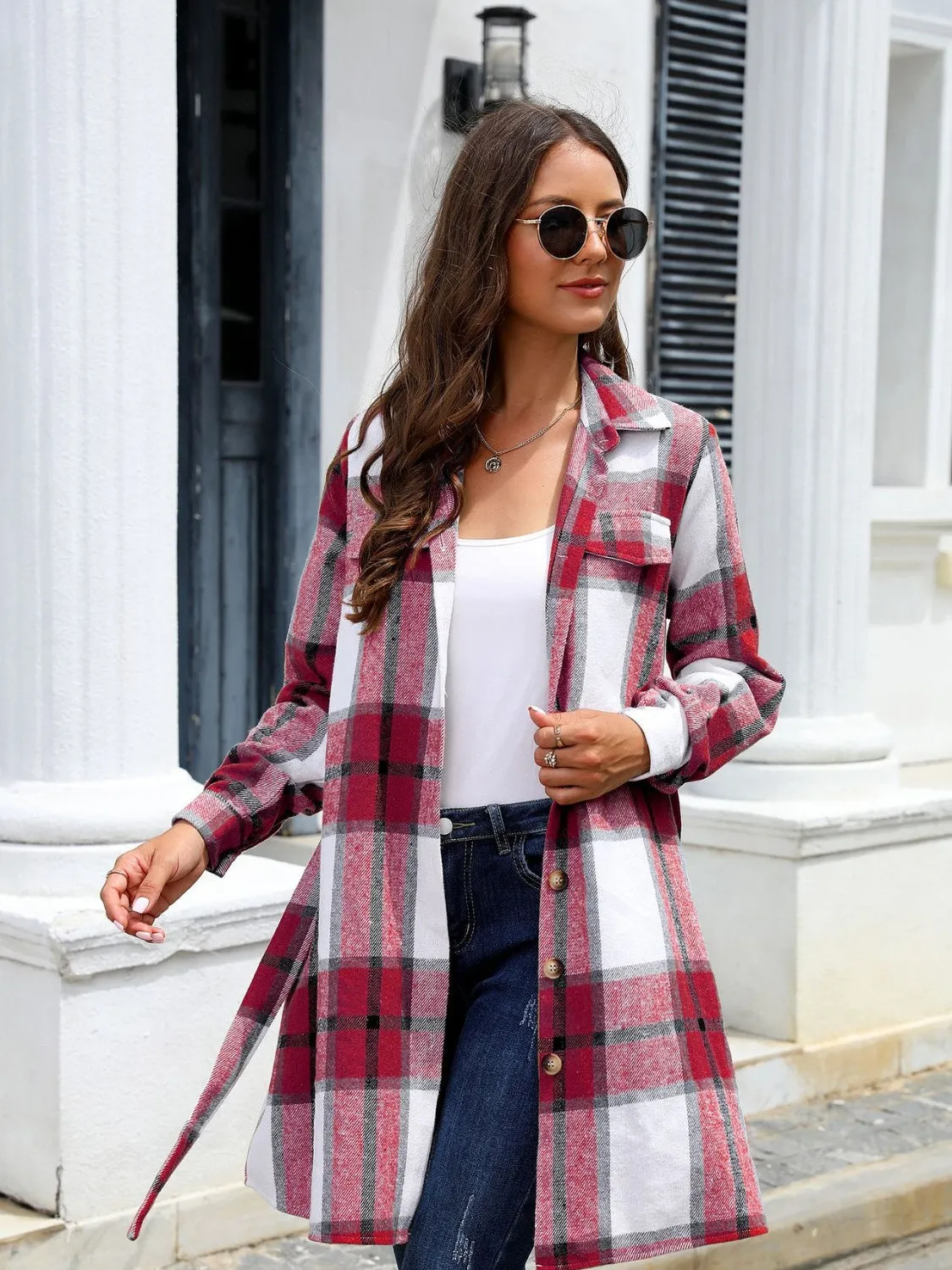 Sammy Plaid Belted Collared Neck Button Up Jacket