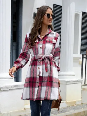 Sammy Plaid Belted Collared Neck Button Up Jacket