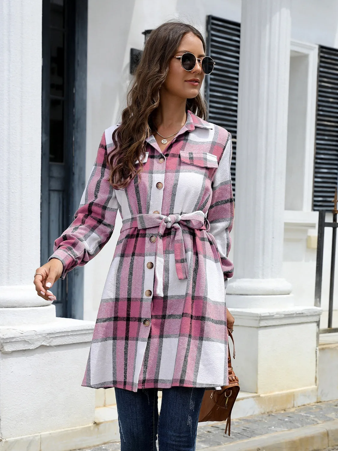 Sammy Plaid Belted Collared Neck Button Up Jacket